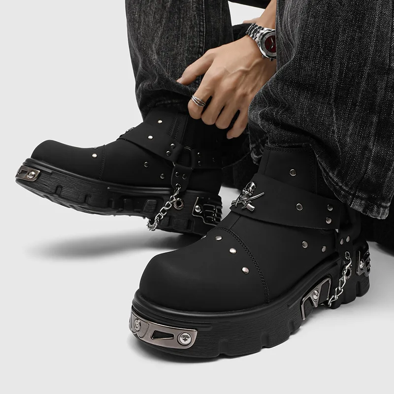 Gothic Punk Ankle Boots Men's Casual Shoes Black Platform Vintage Rock Man Motorcycle Boots Punk Style Skull Metal Chelsea Boots view 4