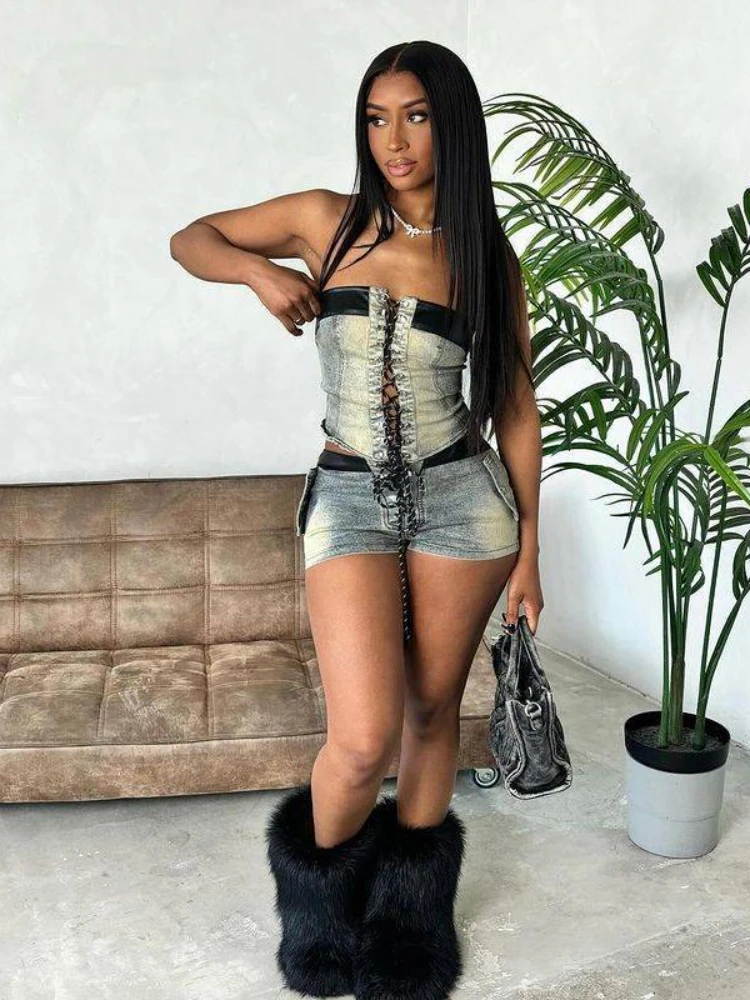 

2024 Summer Streetwear Bandage Sleeveless Backless Tube Top and Shorts Two Piece Sets Fashion Y2K Stretch Denim Women Outfits