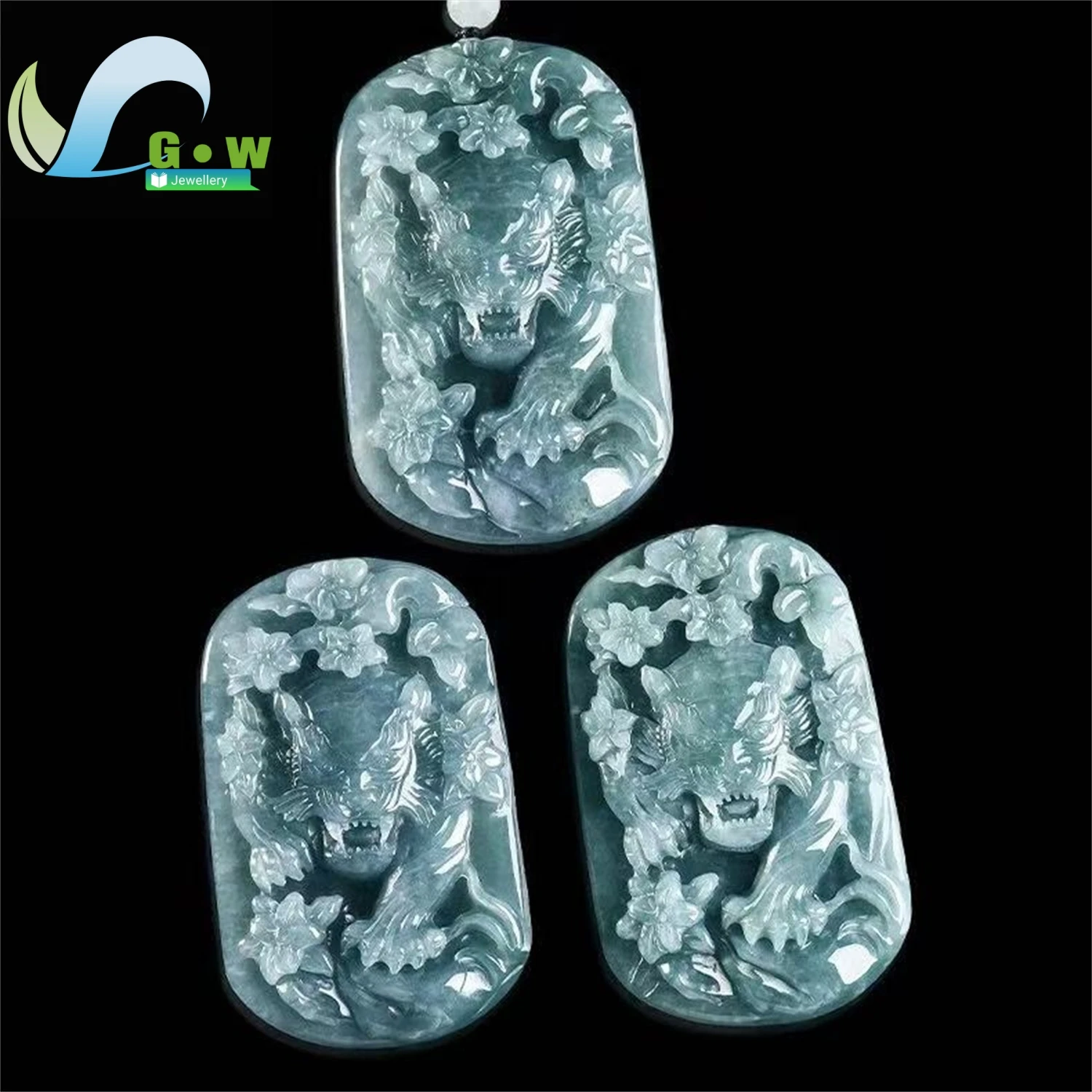 Natural A Grade Jadeite Blue Water Roaring Tiger Pendant Zodiac Tiger Carved Hanging Ornament Unisex Exquisite Jewelry Gift