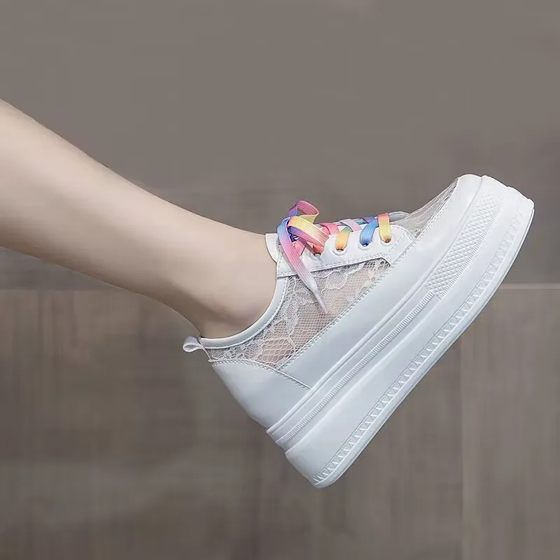 Summer Woman Platform Sneakers Wedge Shoes 2025 Female 8cm Height Increasing Ladies Lace Breathable Casual Shoes Canvas Shoes