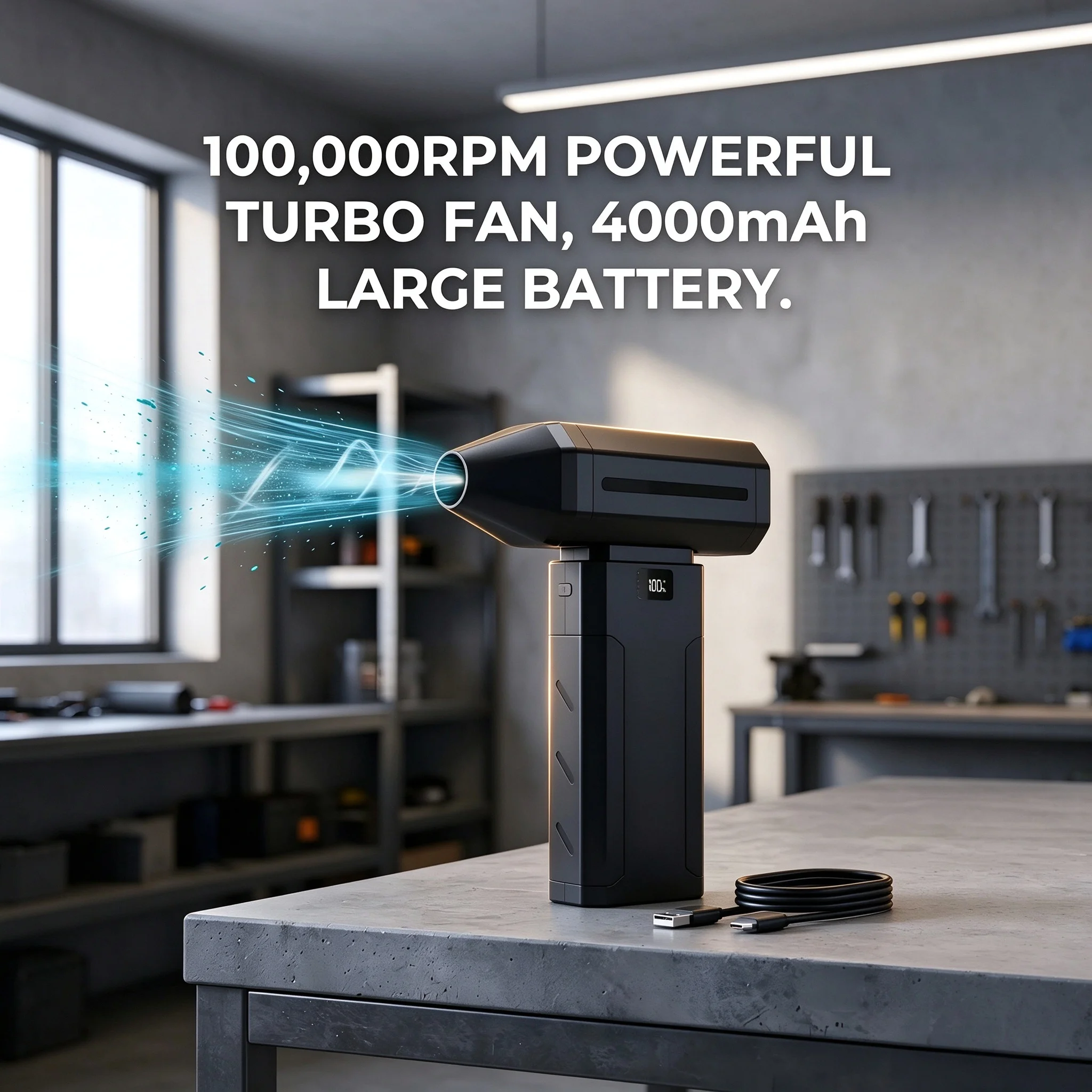 1 Pack Cordless Turbo Air Duster Fan, 100000 RPM Brushless Motor with 4000mAh Rechargeable Battery, 5 Speeds LED Display, Type-C Charging, Built-in LED Light, Handheld Blower for Car, Computer Keyboard, Camping, Outdoors