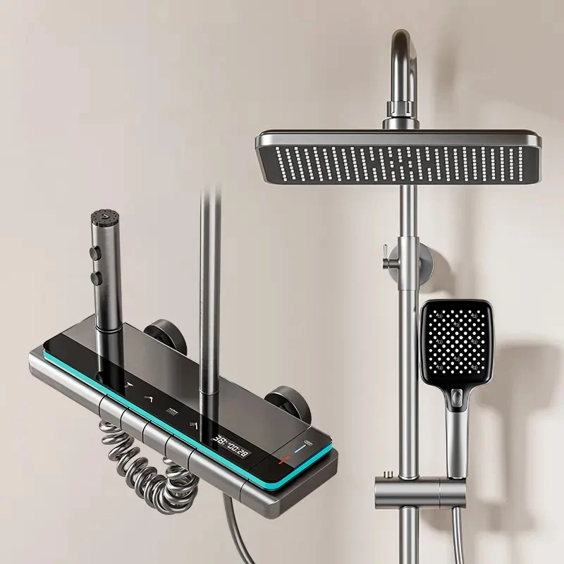 

Luxury Thermostatic Rainfall Shower System with Digital Display, Multi-Function Handheld Wand for Family Bathroom Spa Relaxation