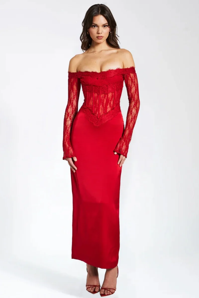 Jessica Red Prom Dresses Lace Embroidered Long Sleeves Wedding Dress Satin Mermaid Off-shoulder Robes De Soirée Customized 2025