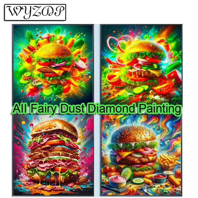 WYZDP Diy 100% AB Diamond Painting Kit Hamburger Full Square Diamond Embroidery Stitch Crystal Diamond Art Full Fairy Dust Docer