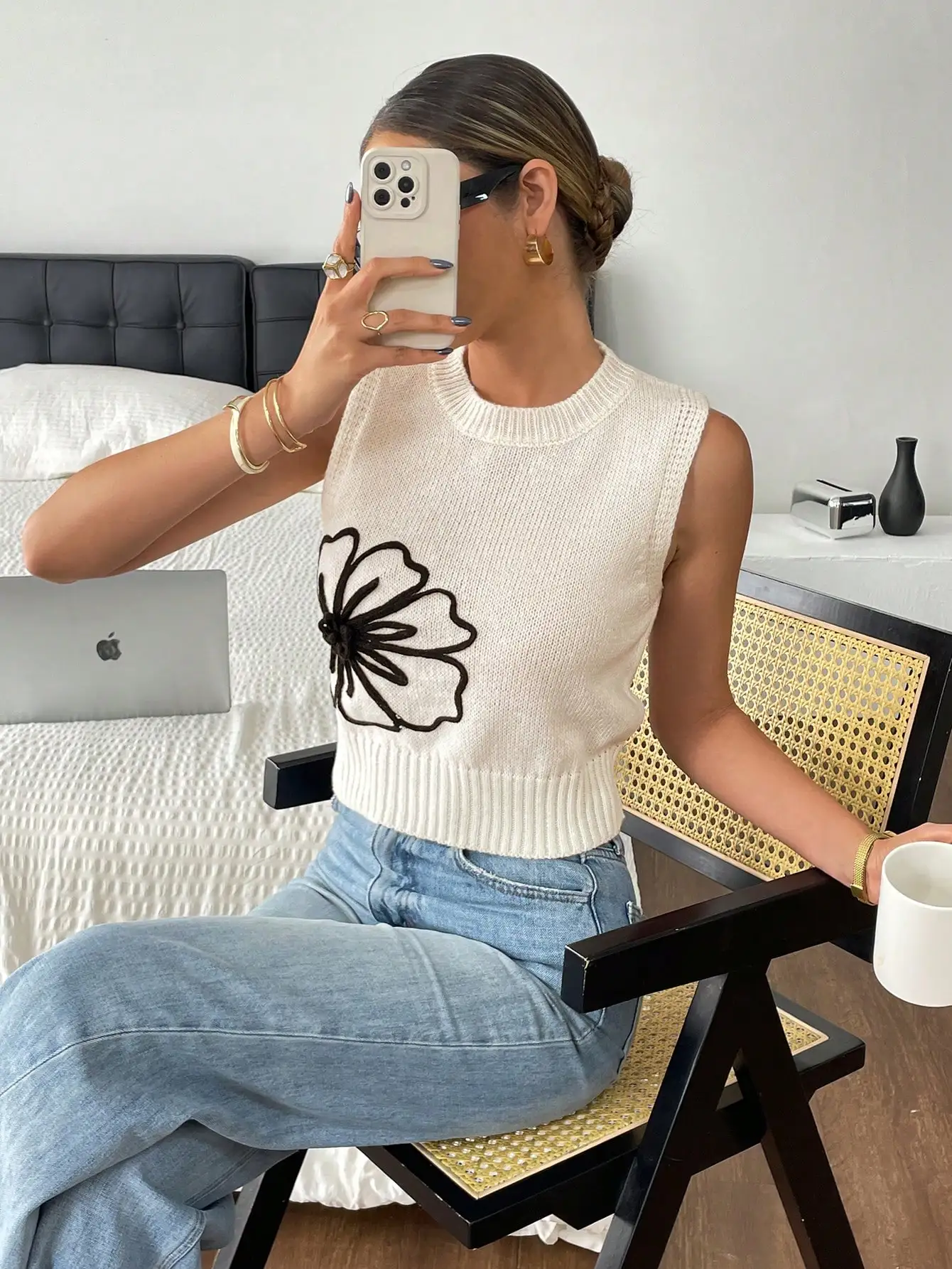 Cream Floral Embroidered Sleeveless Knit Crop Top for Women