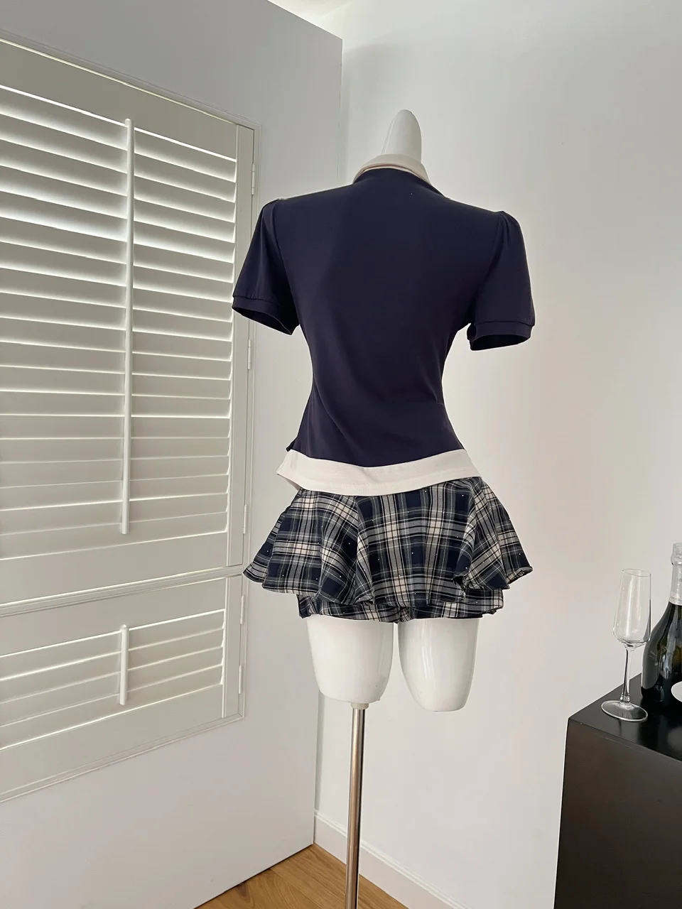 Летние женские корейские Gyaru Preppy Cute Core Shoujo Girl 2000-х годов, комплект из 2 предметов: топы с короткими рукавами + мини-юбка в клетку с высокой талией