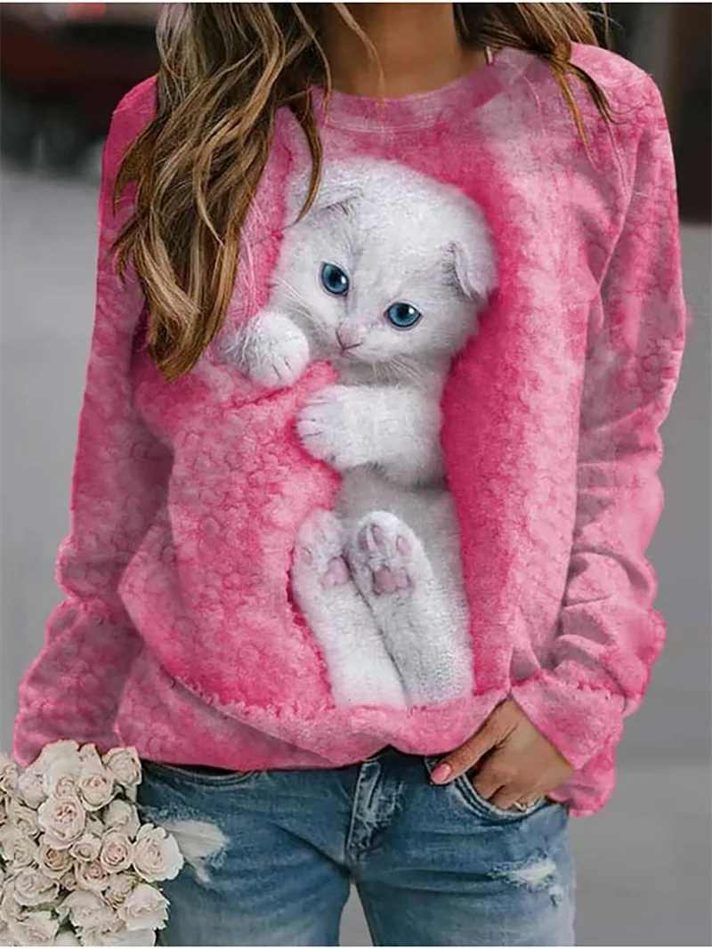 Sudadera con capucha informal para mujer, Top Harajuku de manga larga con estampado de gato bonito en 3D, cuello redondo, primavera y otoño