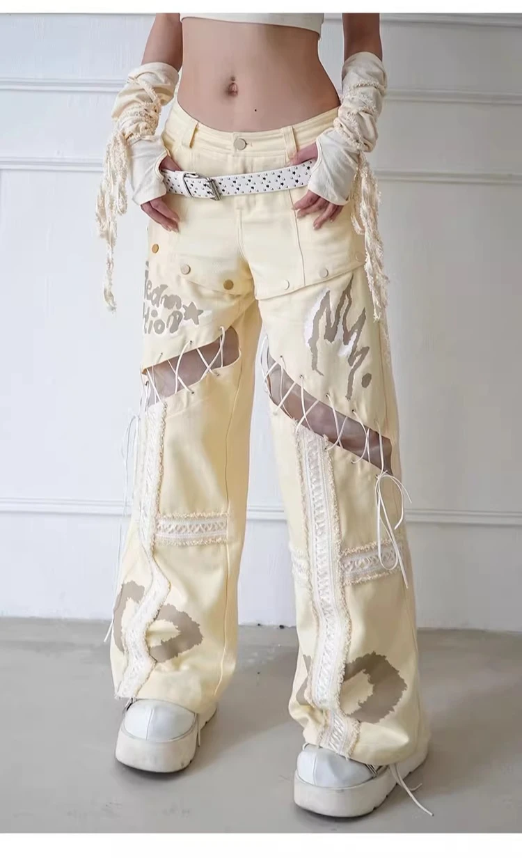 Temperament Light Beige Hollow Lace-up Removable Versatile Jeans Summer Personalized Girl Loose Leisure Street Straight Trousers