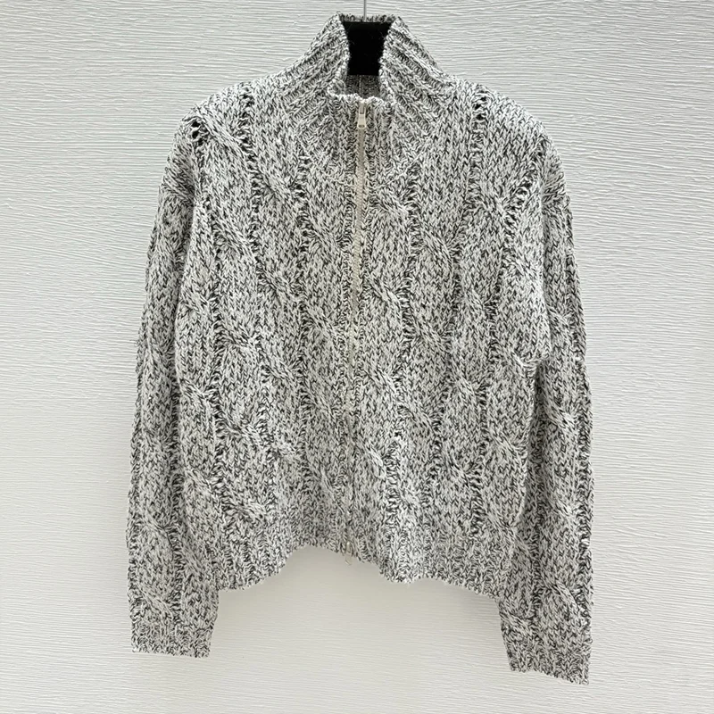 

High-quality women's autumn zipper cardigan with a half-collared design and wool fabric Spiral-patterned sweater 25916170