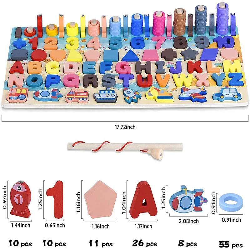 몬테소리 교육용 나무 수학 장난감 어린이 활동판 숫자 모양 색상 맞추기 낚시 퍼즐 학습 장난감 선물