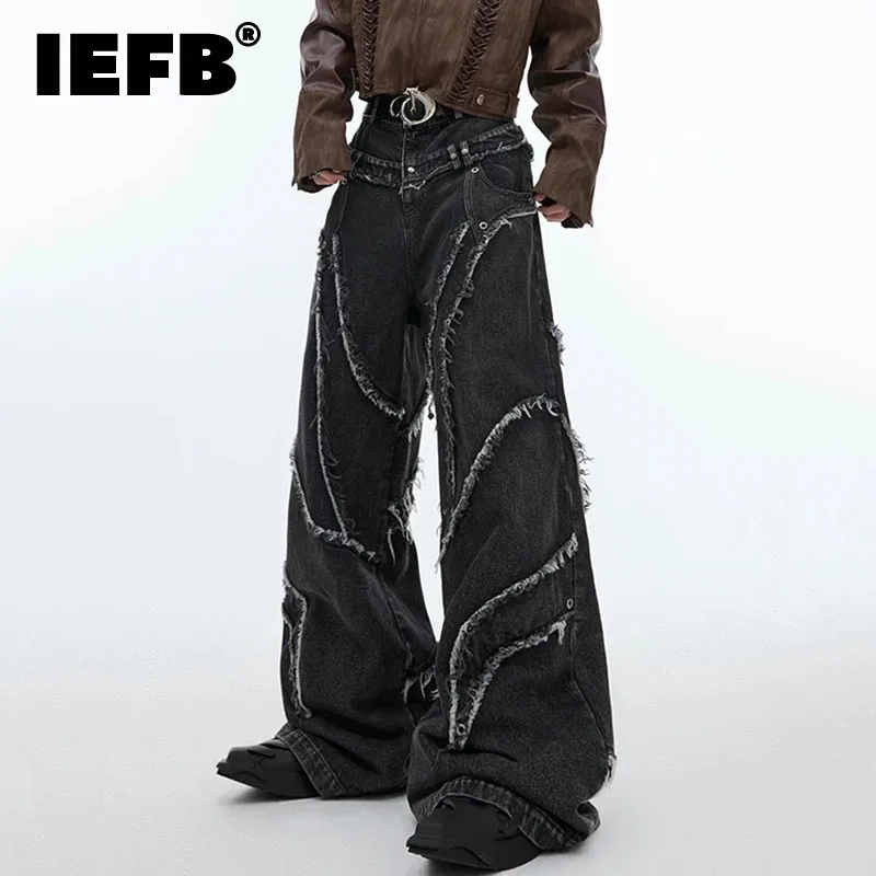 IEFB Vintage Male Jeans Straight Washed Worn-out Men Ear Three-dimensional Raw Edge Stitching Overalls Men's Denim Pants 24E1811