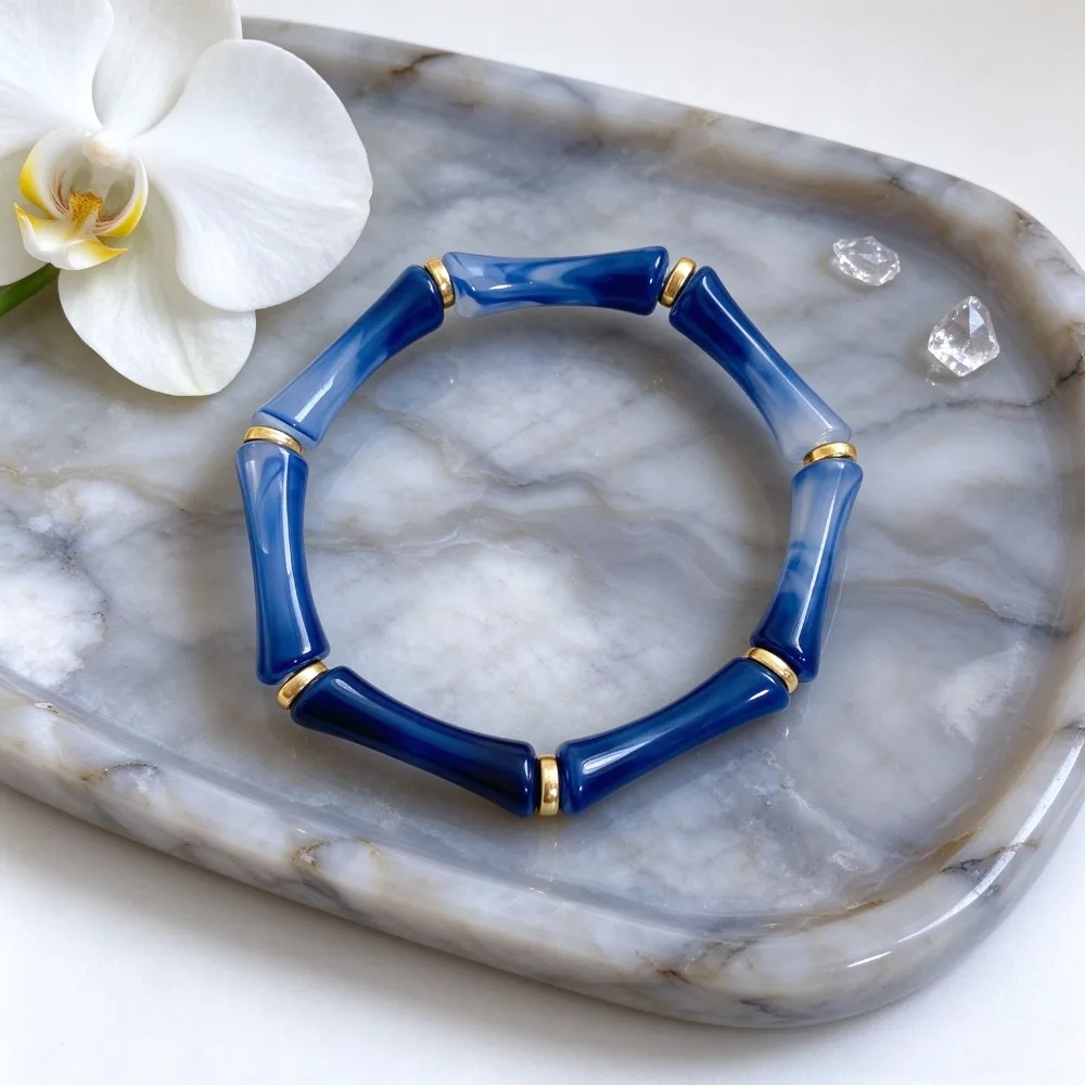 Shape Acrylic Beaded Stretch Bracelet Marbled Blue Stackable Wrist Jewelry for Women Daily Vacation Party Outfit Accessory C+