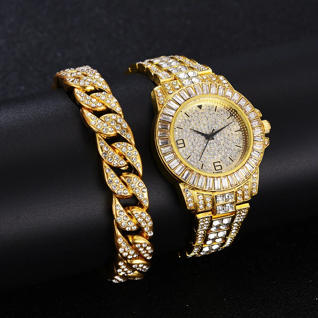 Simple Iced Out Watch + Bracelet for Women Bling Miami Cuban Chain Luxury Gold Watch Women Jewelry Set Gifts Relojes Para Mujer