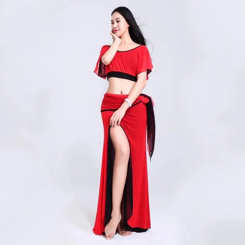 カスタマイズされたベリーダンスセット両側に水ガーゼセクシーな露出へそハイスリット衣装大人女性のためのエキゾチックダンスウェア