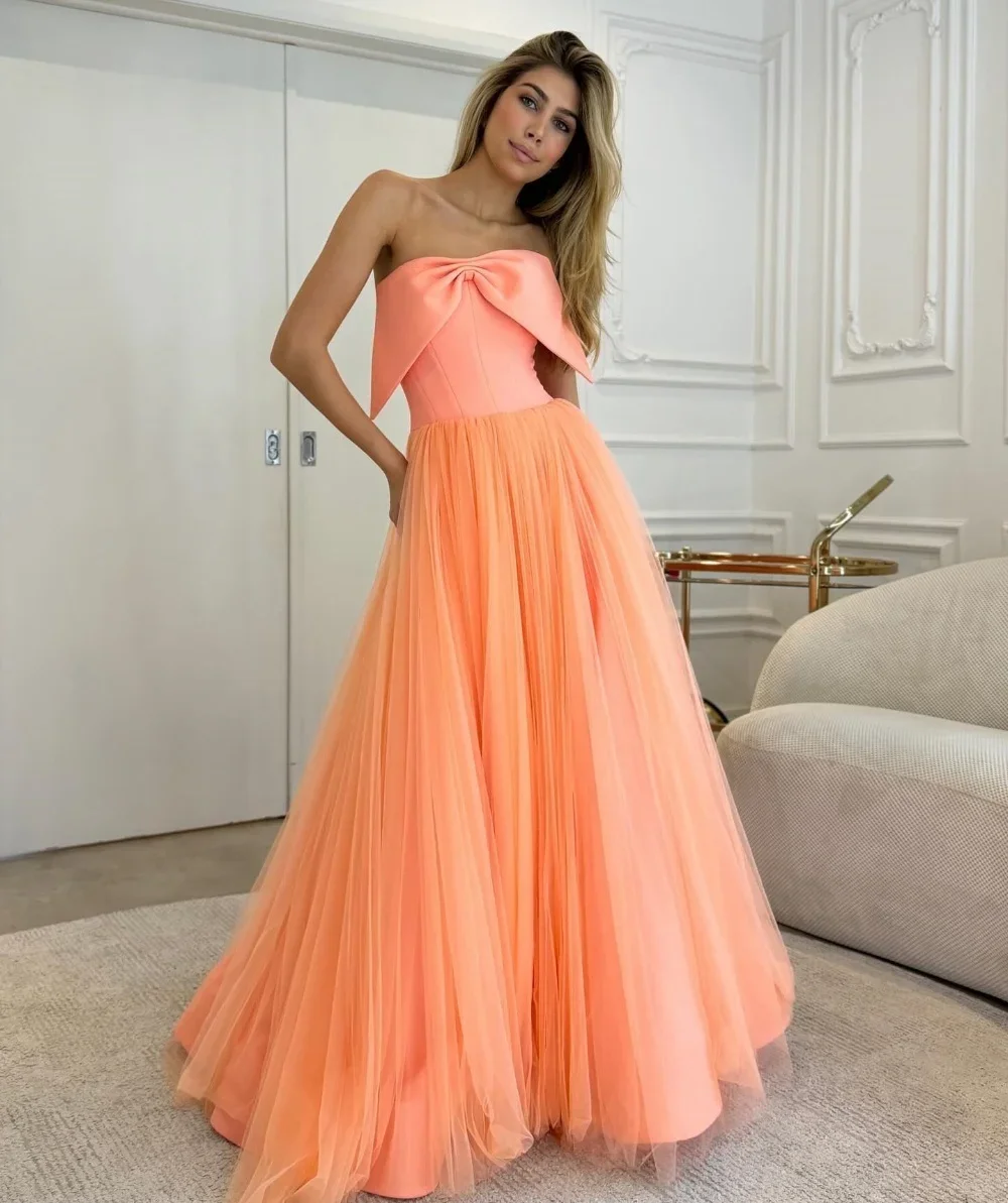 

Customized Fashion Exquisite Classic Net Bow Draped Ruched Ball Strapless Knee Length Dresses Prom Dresses Elegant Sexy High Qua