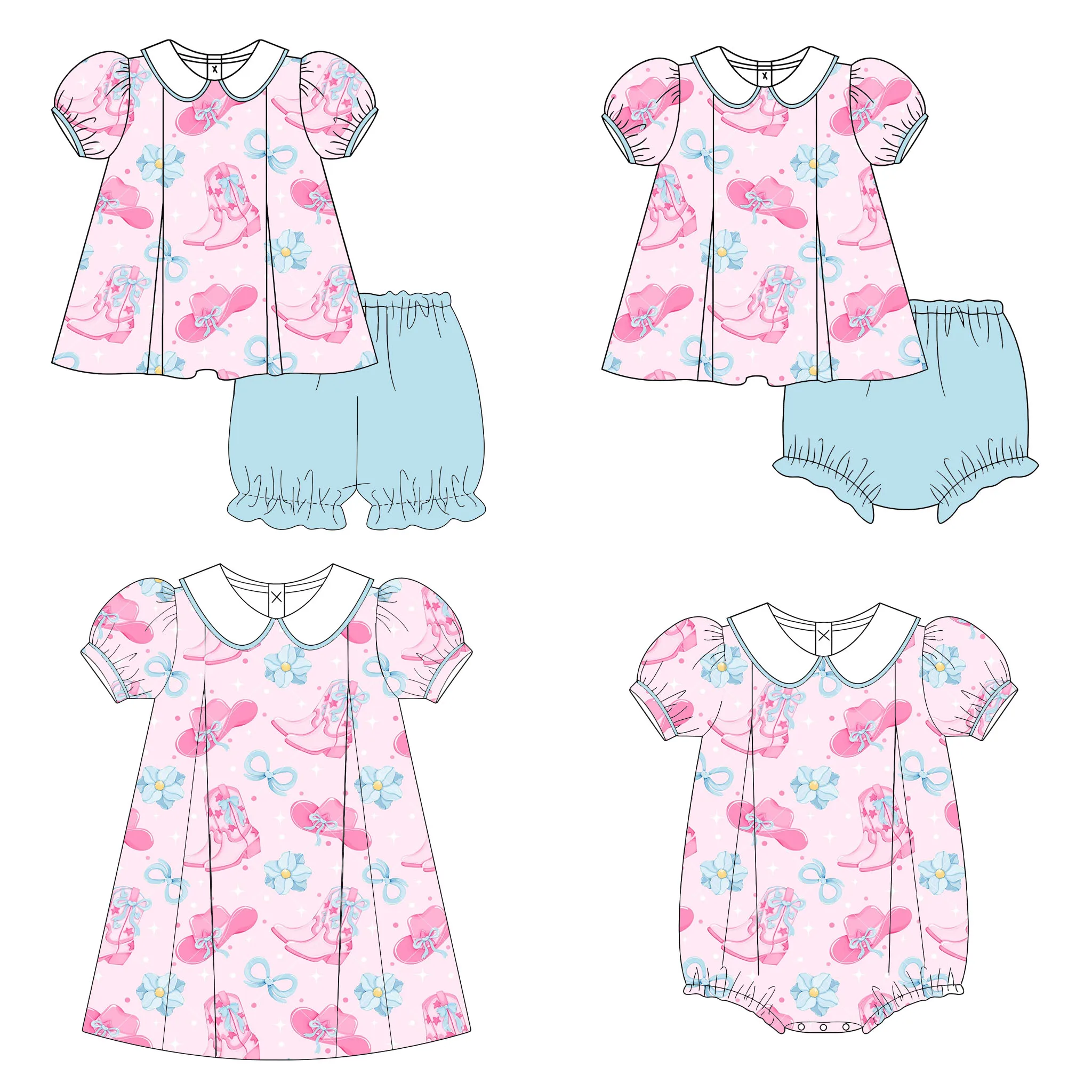 Boutique children's girls sets lapel puff sleeve dress matching shorts set strawberry shoes prints matching dresses and rompers