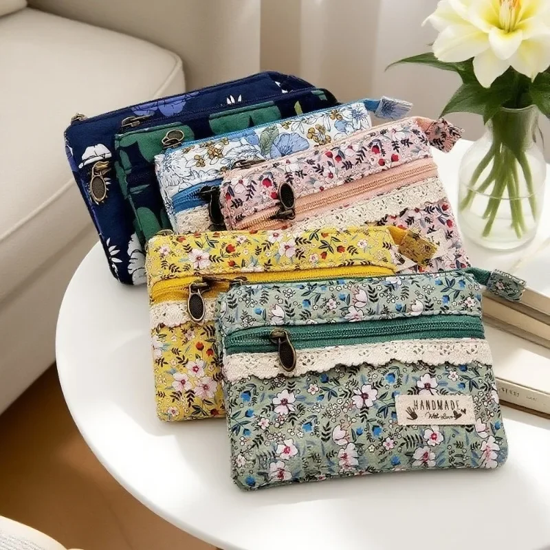 Fresh Pastoral Style Floral Double Pull 4-layer Cotton Change Bag, Girls Coin Silver Bag, ID Bag, Card Bag.