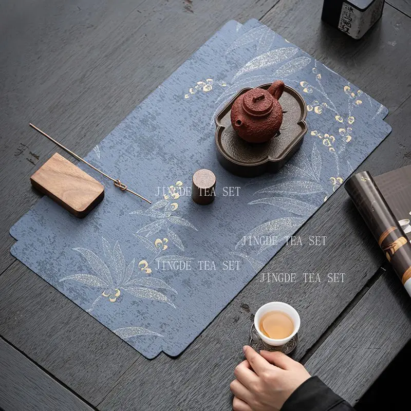 1pc Ink Painting Style Tea Mat Blue Abstract Texture Waterproof Tea Table Placemat Chinese Kung Fu Tea Ceremony Accessories