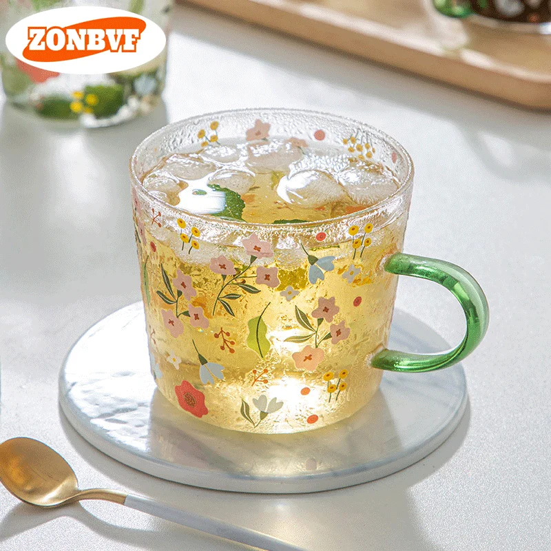pattern water cup for outdoor camping tea drinking, home use, light-hearted drinkware, high-temperature resistant glass cup