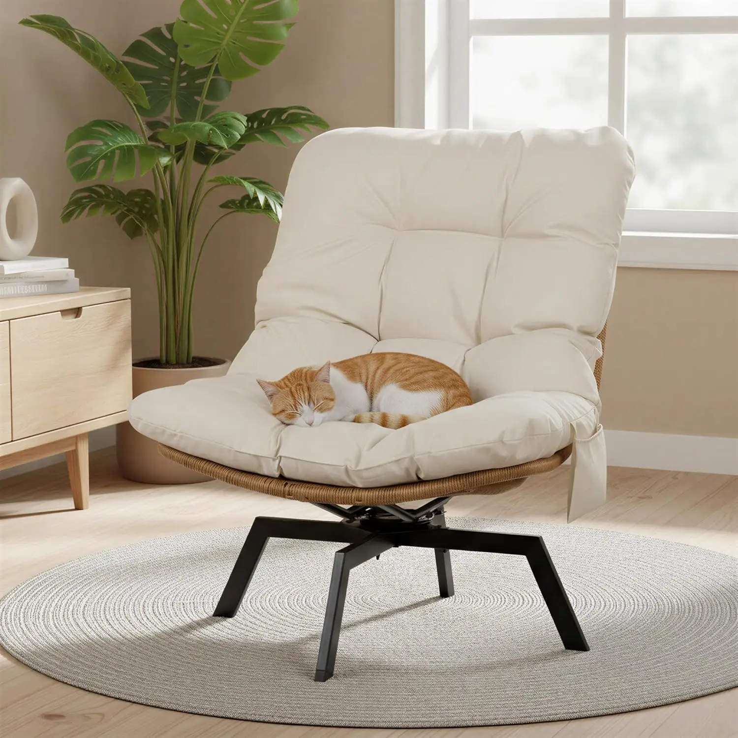 Wicker Swivel Accent Chair with Oversized Cushion & Metal Frame, Phone Pocket for Living Room Bedroom Balcony, Beige, Customized