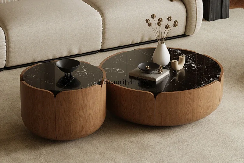 

Italian minimalist marble coffee table villa living room high-end light luxury round coffee table combination