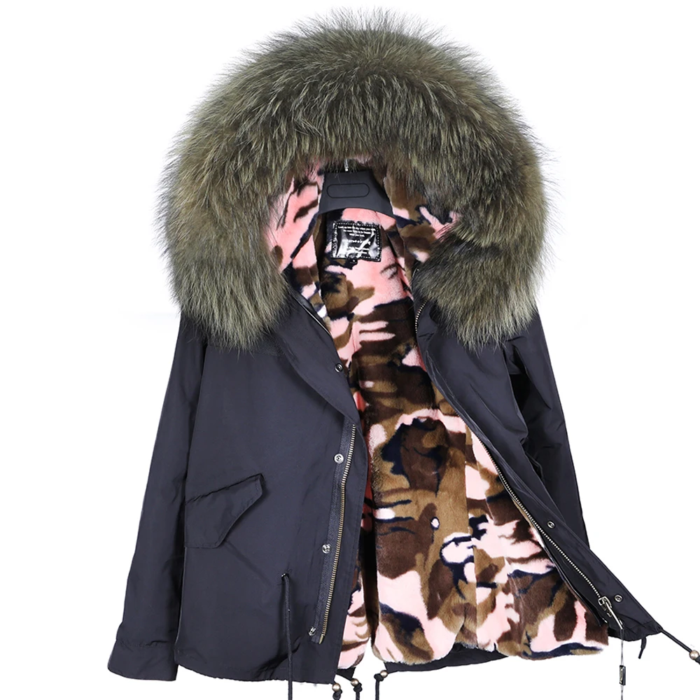 Parka rabbit hair, lined with faux fur, army green, artificial leather, winter jacket with collar made of natural winter seeds,