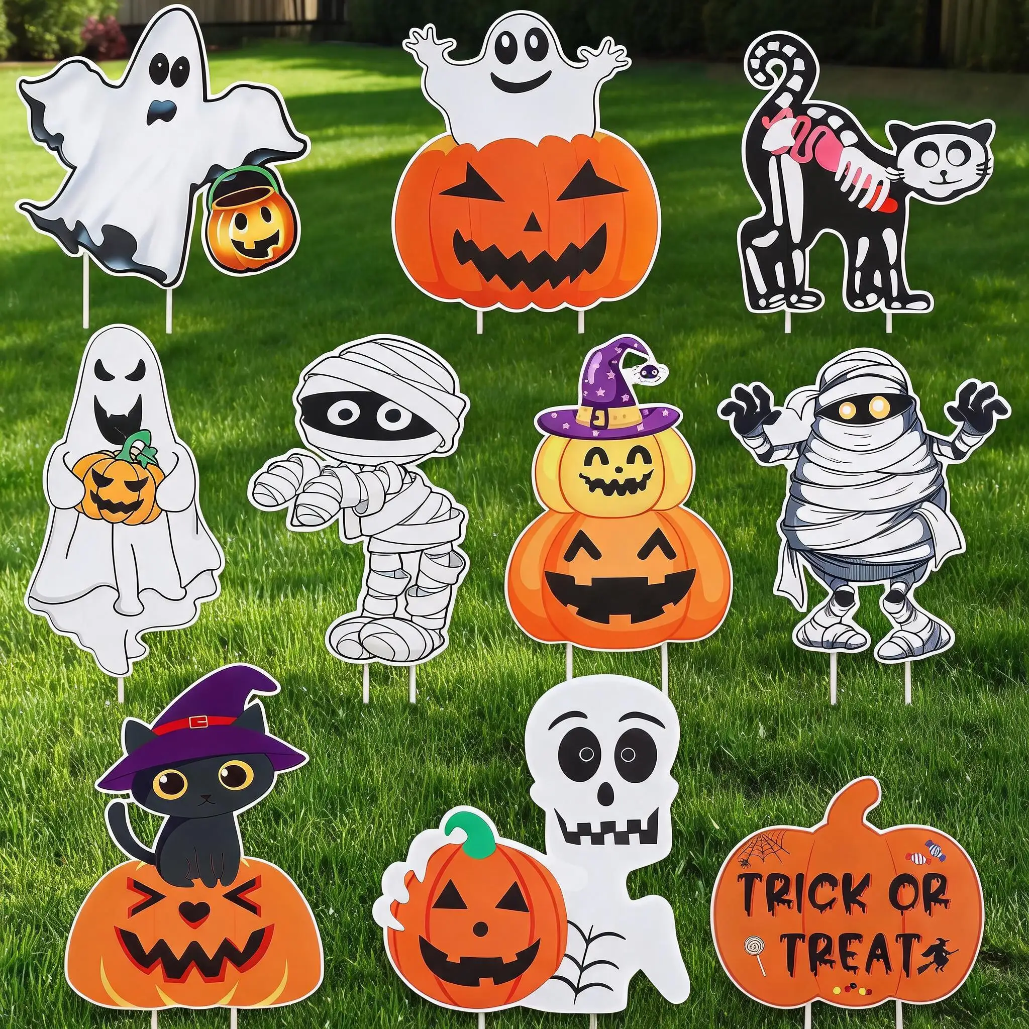 20-Pack Corrugated Plastic Halloween Yard Signs Outdoor Lawn Decorations With Specter Pumpkin Skeleton Mummy Cat Designs For Garden Patio Party