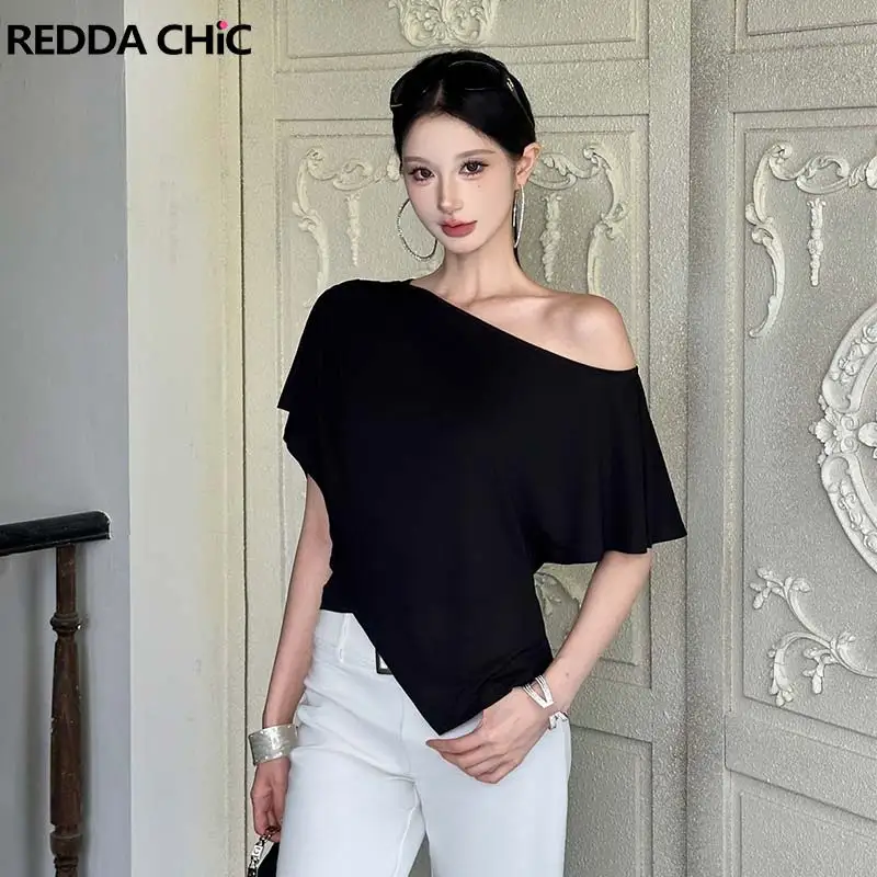 ReddaChic Modern Women Layered T-shirt Work Cleanfit Asymmetric Short Sleeve Slant Shoulder Poncho Top Lounge Summer Clothes