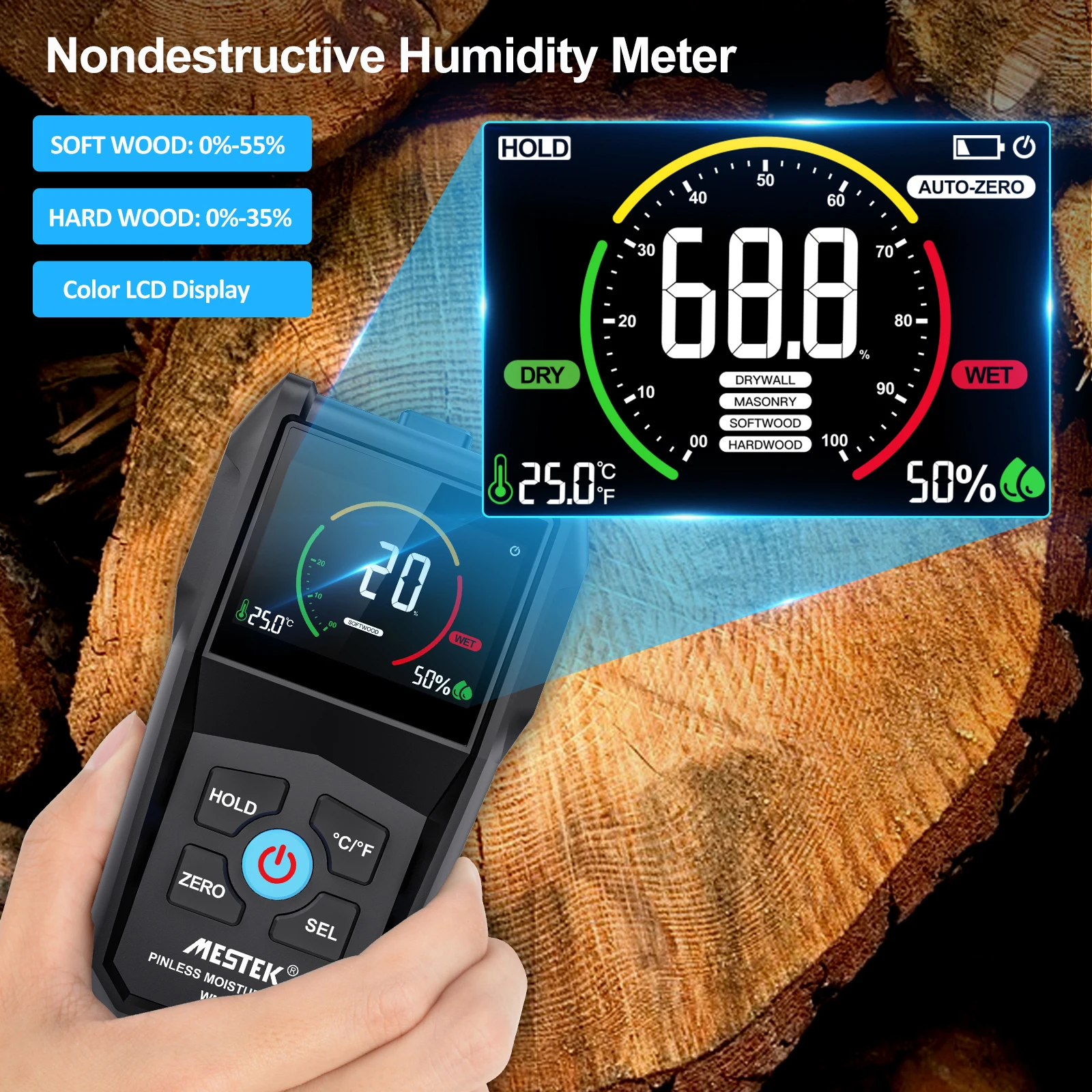 WM700A Pinless Wood Moisture Meter for Wood Drywall Non-destructive Inductive Timber Damp Detector Digital Wood Humidity Tester