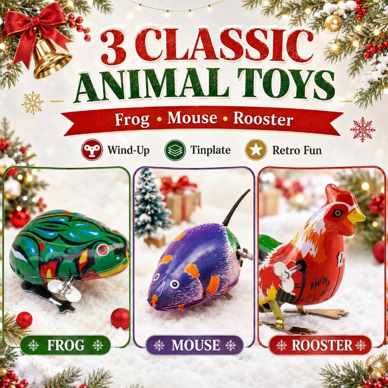 Classic Mechanical Spring Operated Tin Toy Frog Mouse Rooster Lovely Table Ornament Christmas Surprise Present