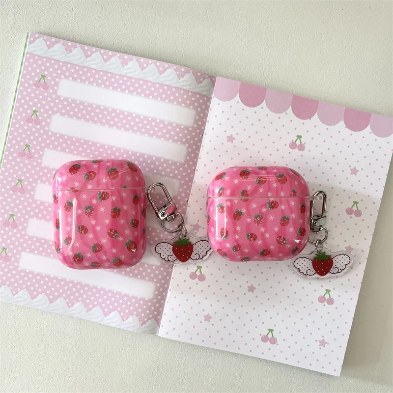 Cute Pink Strawberry Star with Charm Kawaii Shockproof For AirPods 1 2 3 4 Pro Pro2 Pro3 Case Y2K Earphone Case Protective Cover
