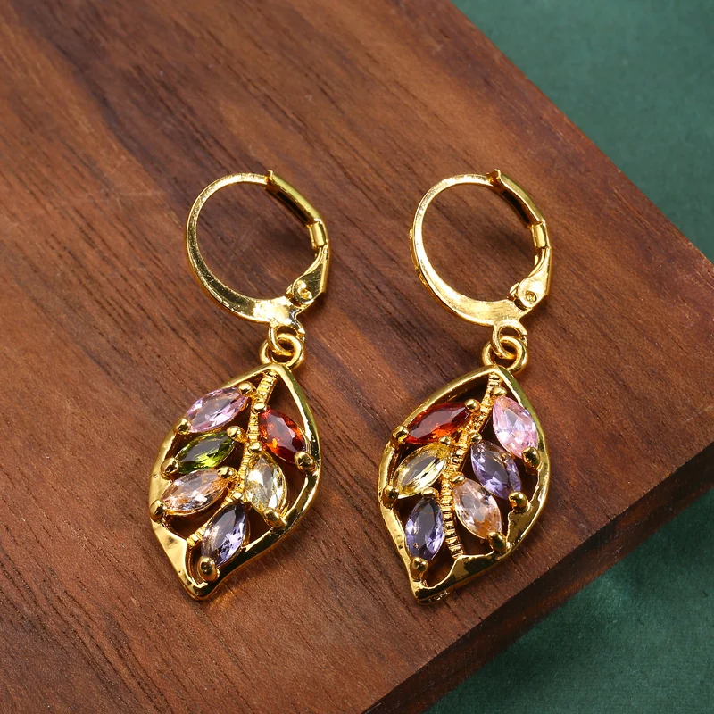 Fashionable Golden Leaf Inlaid Colored Zircon Earrings for Women, Exquisite Jewelry, Valentine\'s Day Gift