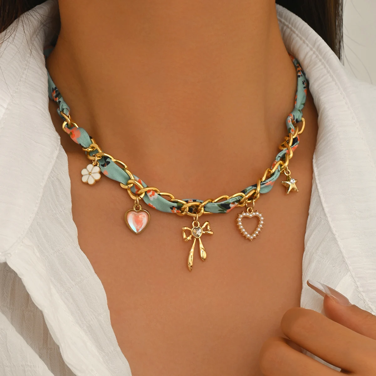 Women Floral Fabric Cord Braided Chain Choker Necklace Heart Bow Star Charm Summer Beach Boho Y2K Adjustable Fashion Jewelry