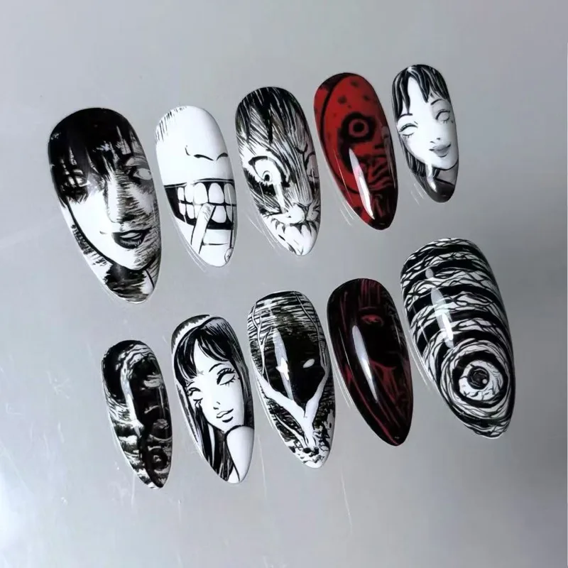 24PCS Gothic Anime Almond Press on Nails Sweet Cool Dark Comic Black Eye False Nails with Red Gyaru Nails Full Cover Wearable