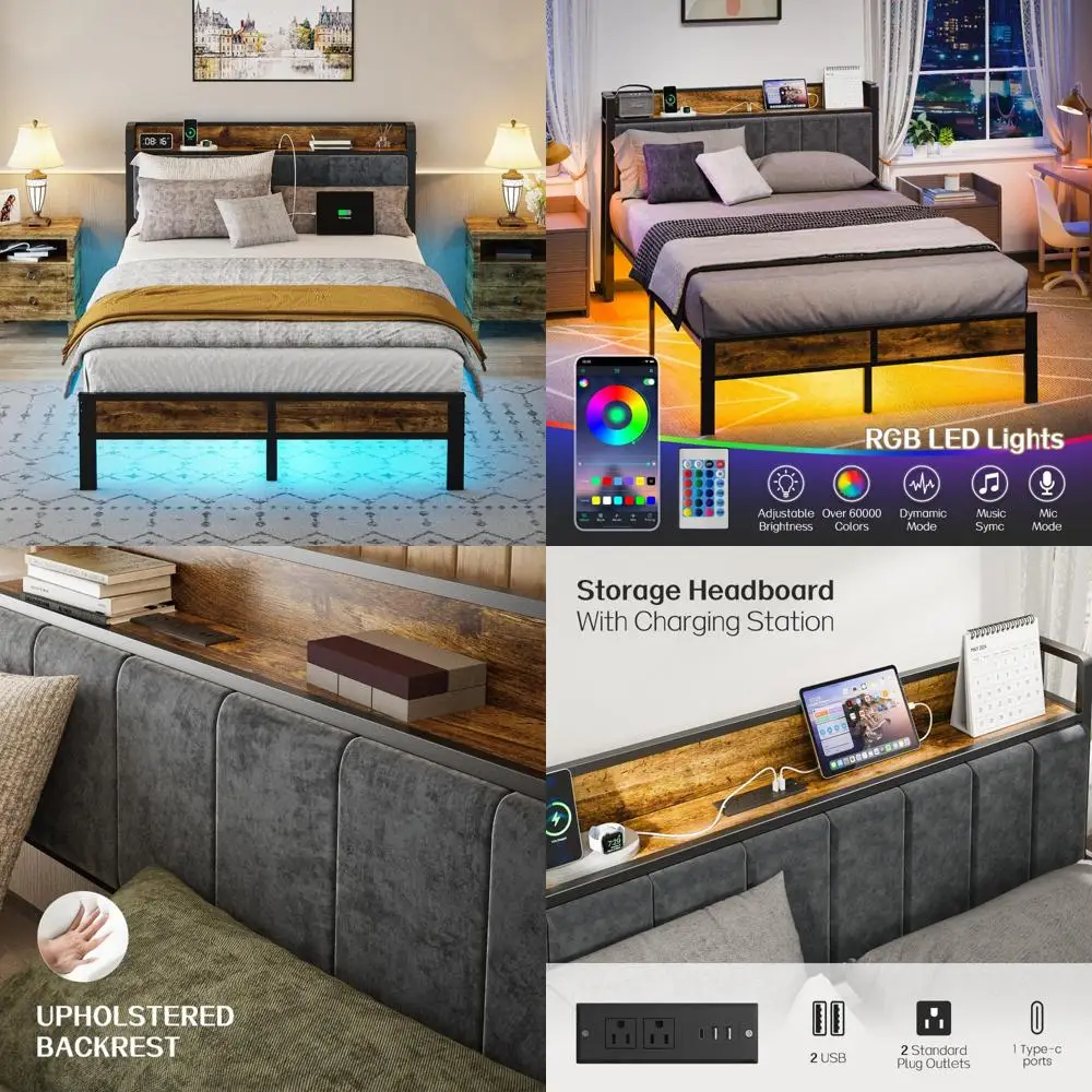 storage-enabled full bed frame with charging station, smart led lighting, metal slat platform, no box spring needed, simple asse