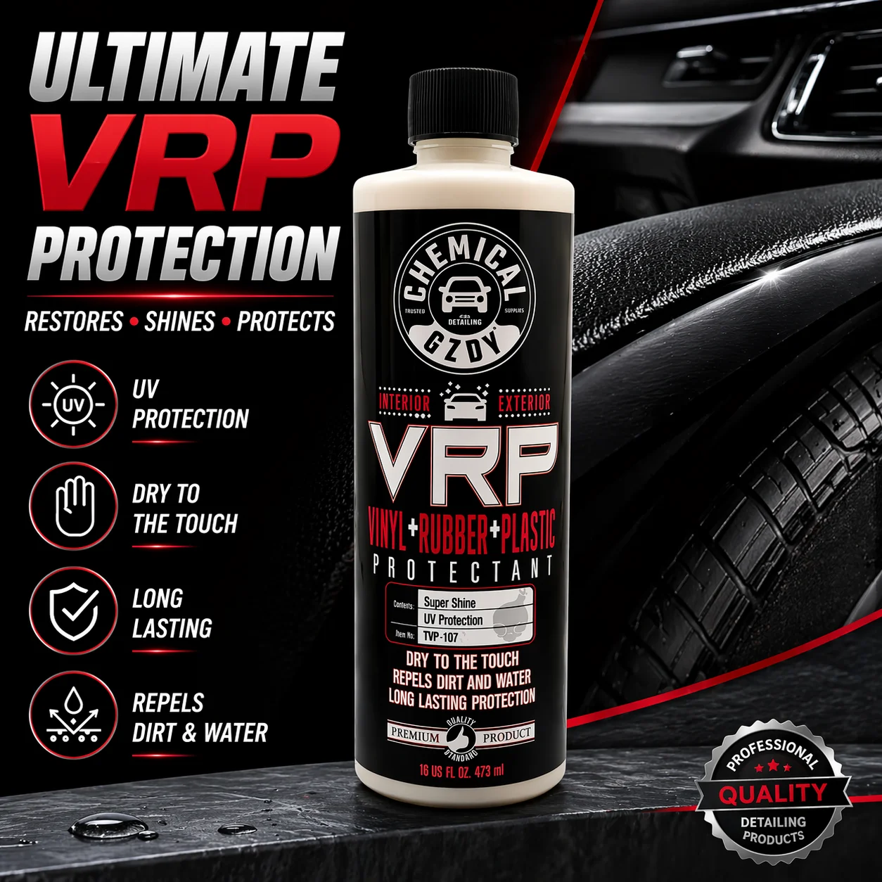 Car Interior & Exterior Protectant 16 Oz – VRP Dressing for Vinyl, Rubber & Plastic, Restores Shine, Repels Dirt & Water