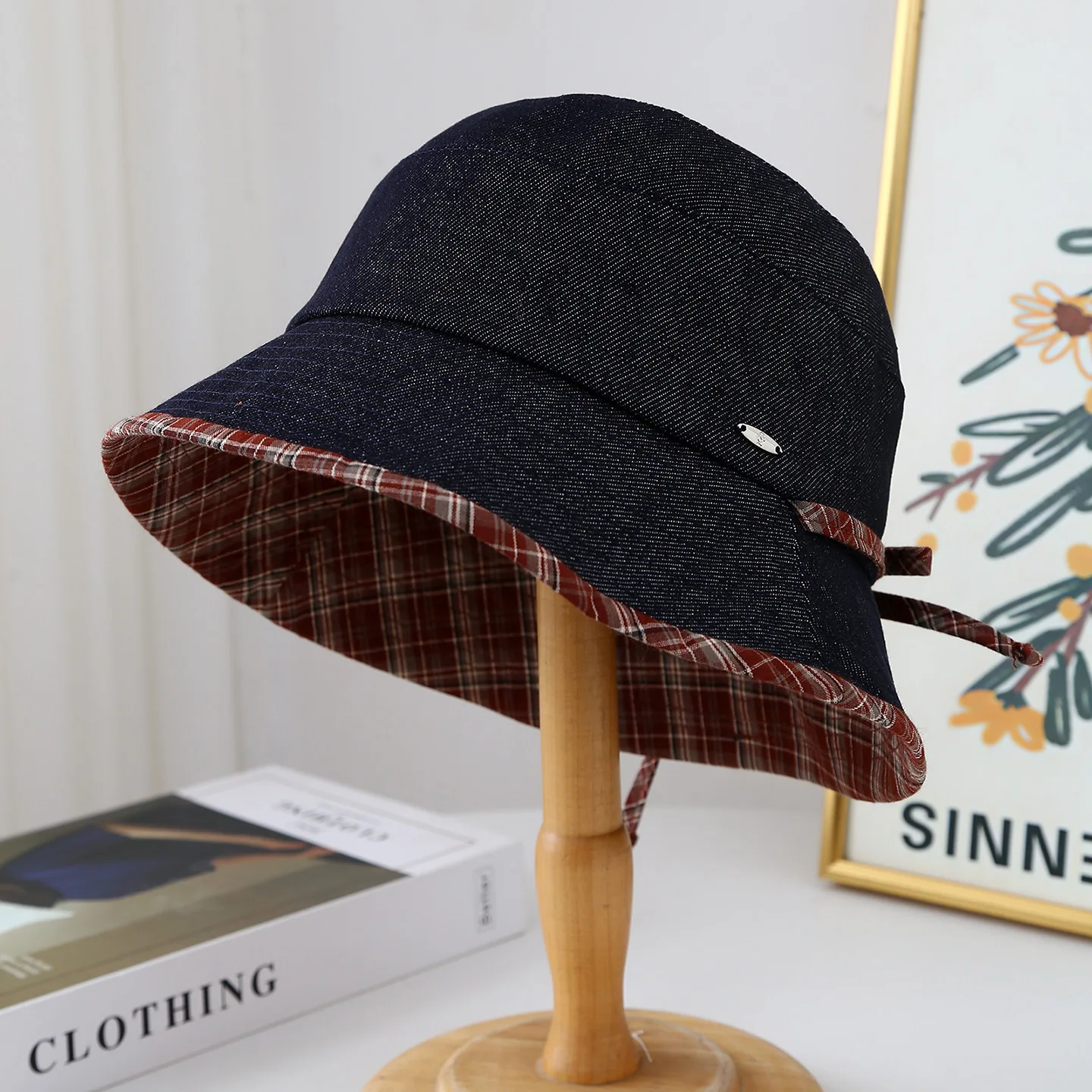 

2025 New Japanese Style Elegant Bow Bucket Hat For Women Spring/autumn Retro Plaid Denim Sun Protection Basin Hat Foldable