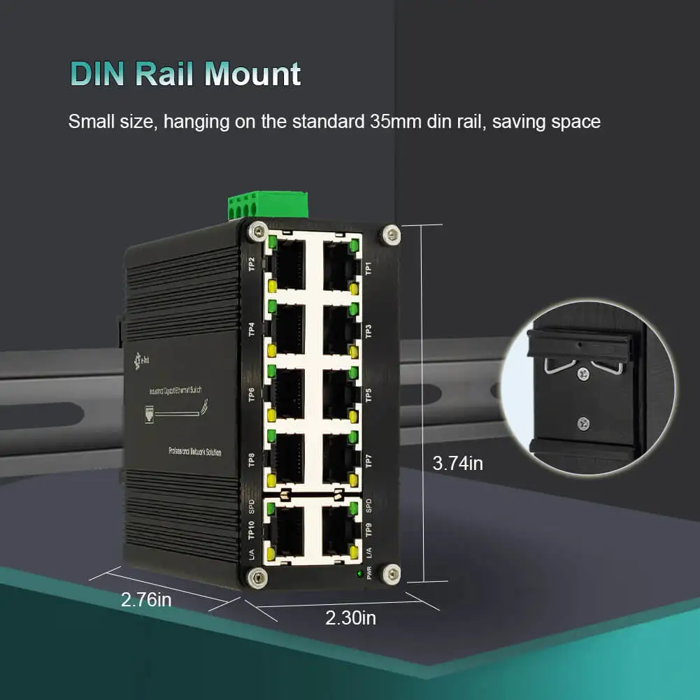 Mini Industrial 10 Ports Gigabit Ethernet Switch Din Rail 5/8/10-port 10/100/1000Mbps Network Switch IP40 Aluminium Case