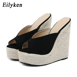 Eilyken moda solido tacchi alti piattaforma zeppa donne pantofole stile estivo treccia di paglia sandali femminili pompe