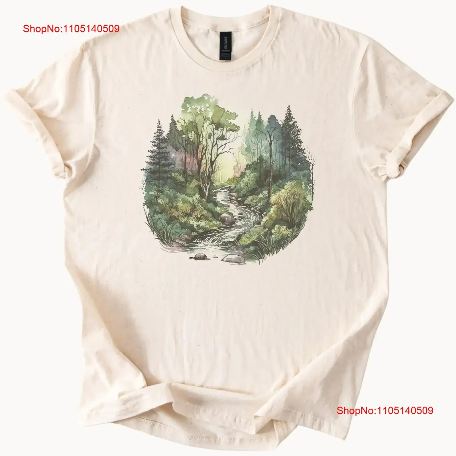 Watercolor Forest Stream T Shirt with Trees River and Nature Scene vintage Washed fashion Slightly Top For Everyday Wear homme