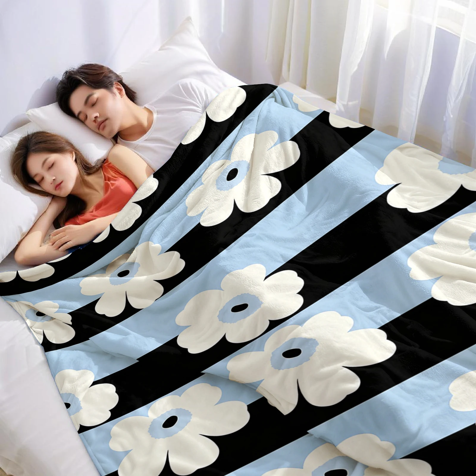 Stripe Floral Pop Christmas Fleece Throw Blanket Soft Warm Cozy Xmas Home Decor for Bed Sofa Couch Holiday Present