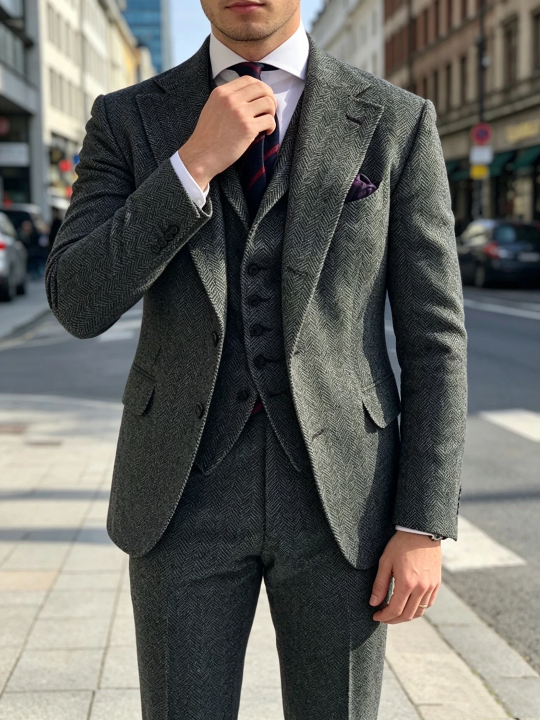 

Retro Dark Gray Herringbone 3-piece Slim Fit Men's Suit Single Breasted Handsome Autumn Winter Business Gentleman's Clothing