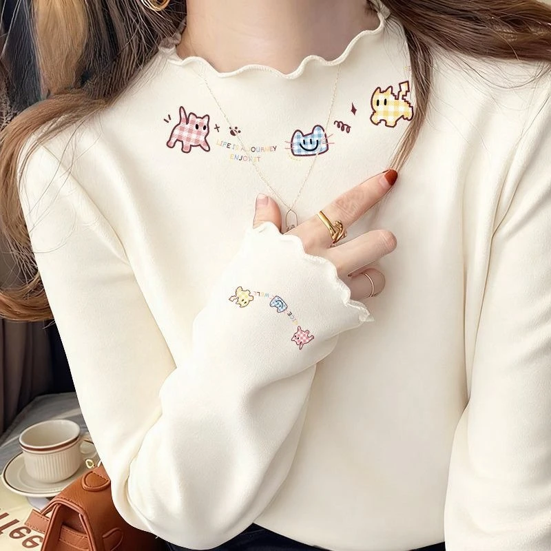 

Японская милая футболка с полувысоким воротником, повседневная, осенняя, с мультяшным принтом, длинными рукавами, облегающая, в стиле кавайи, Y2K, эстетичная