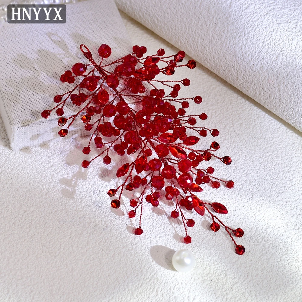 HNYYX Bridal Hair Accessories Red Crystal Headpiece Wedding Bride Headwear Elegant Luxury Hair Clips Jewelry Hair Tiara A235 image 4