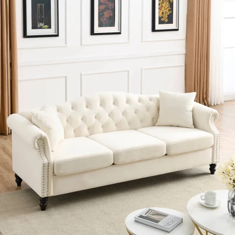 

79" Chesterfield Sofa Beige Velvet 3 Seater Sofa，Tufted Couch with Rolled Arms and Nailhead for Living Room, Bedroom,Office