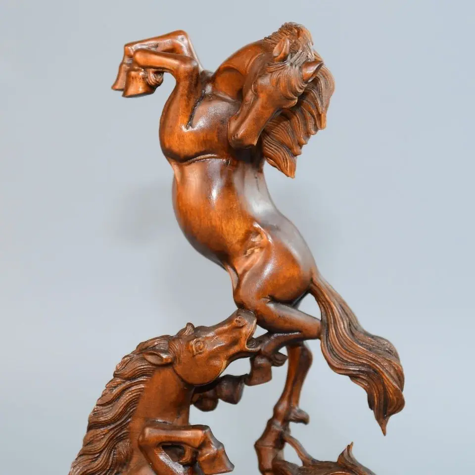 Hand Carved Wood Happy fun double horse Statue Figurine Desktop Ornaments Home Decoration