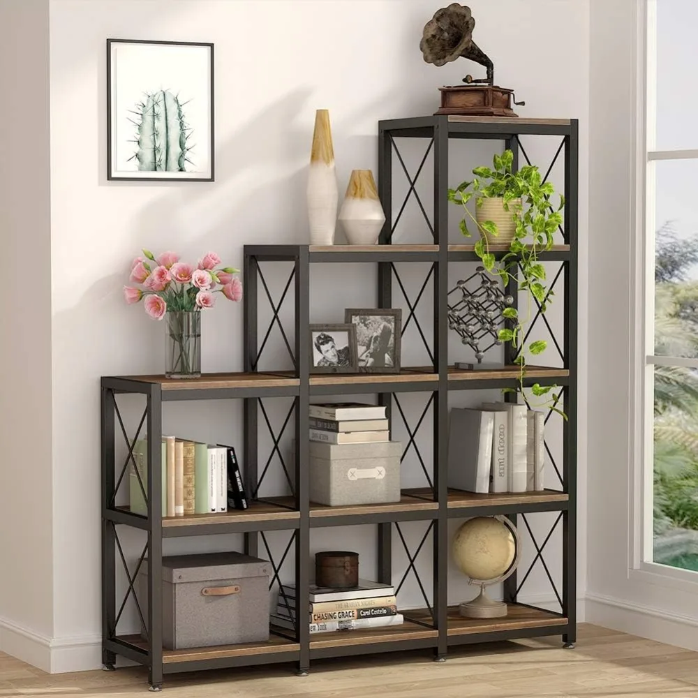 Industrial Style 12-Tier Ladder Bookshelf with 9 Cubes for Corner Display and Rustic 5-Tier Shelving