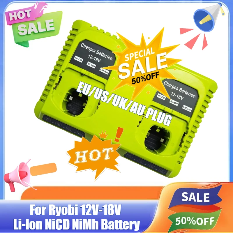 

Replacement Charger for Ryobi Ni-CD Ni-MH Li-ion 12V 14.4V 18V Battery Dual Charging P117 P108 Charger Fast Charging EU/US/UK