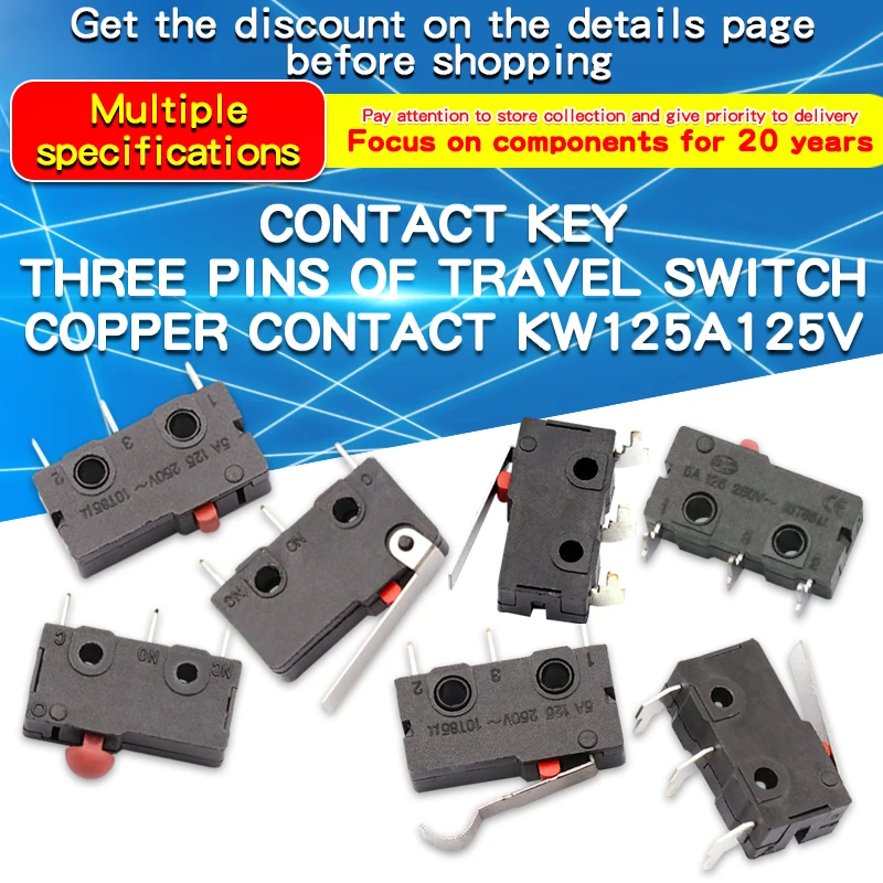 5PCS Travel Switch Limit Switch Silver Contact Momentary Micro Limit Switch Straight Handle KW12 5A 125V Micro Switch