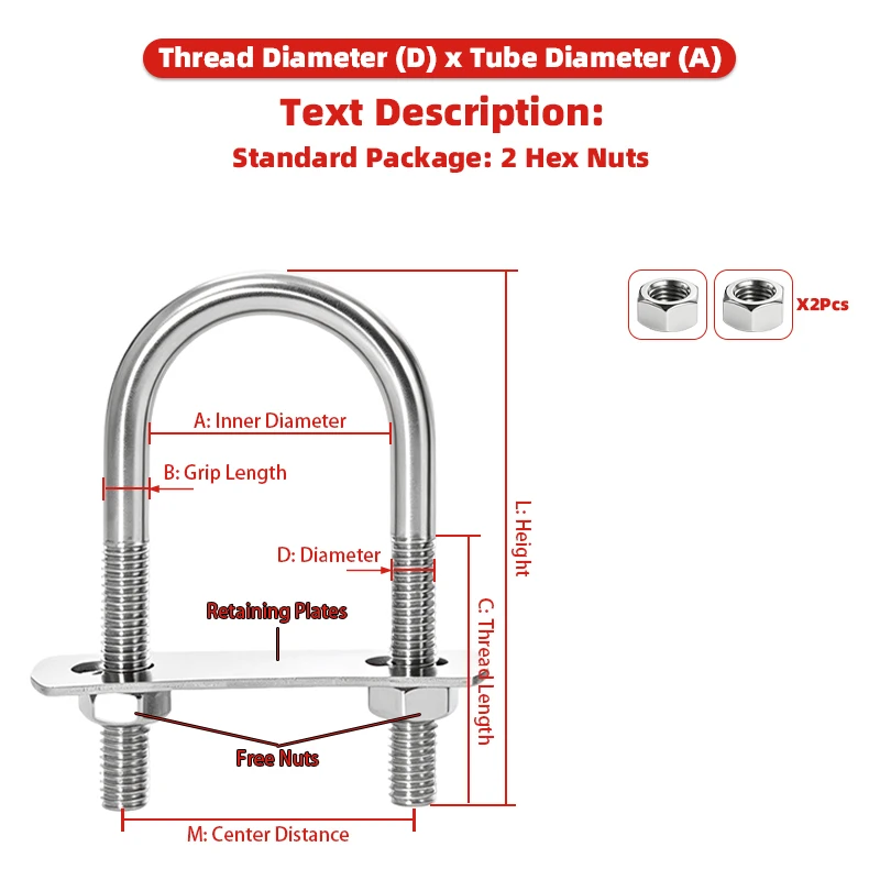 U Shape Bolt Pipe Clamp U Bolt 304 Stainless Steel U-Bolt M6 M8 M10 M12, Heavy Duty Pipe Fixing Fastener with Nuts Washers